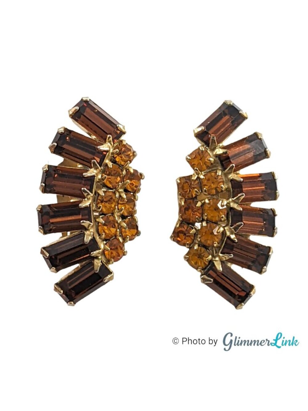 Vintage Brown Orange Rhinestone Baguette Crescent Clip On Earrings